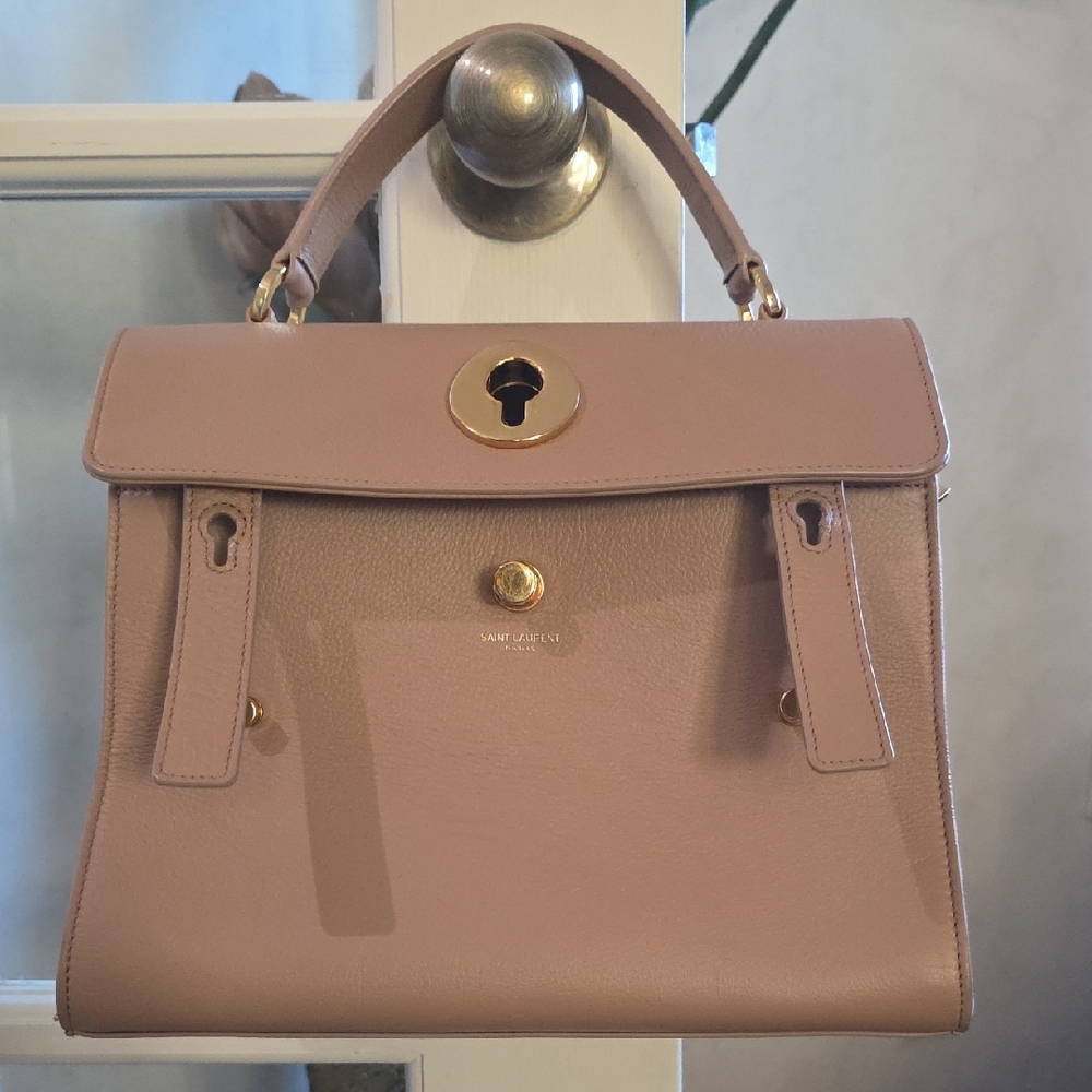 Saint Laurent Beige Top Handle Small Leather Muse Two Bag with Gold Accents